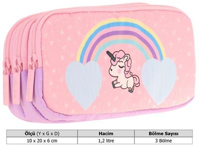 Kaukko Kids Üç Bölmeli Mor Pembe, Unicorn Temalı, Kız Çocuk Okul Kalem Çantası - L8212