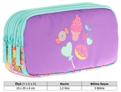 Kaukko Kids Üç Bölmeli Mor Turkuaz, Şekerleme Temalı, Kız Çocuk Okul Kalemliği - L8231