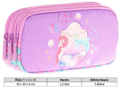 Kaukko Kids Üç Bölmeli Pembe Lila, Denizkızı, Kız Çocuk Okul Kalemliği - L8225