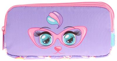 Kaukko Kids Üç Bölmeli Pembe Lila, Gözlüklü Kedi Baskılı, Kız Çocuk Okul Kalemliği - L8236