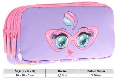 Kaukko Kids Üç Bölmeli Pembe Lila, Gözlüklü Kedi Baskılı, Kız Çocuk Okul Kalemliği - L8236