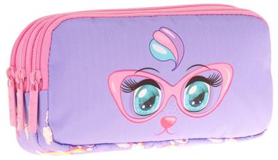 Kaukko Kids Üç Bölmeli Pembe Lila, Gözlüklü Kedi Baskılı, Kız Çocuk Okul Kalemliği - L8236