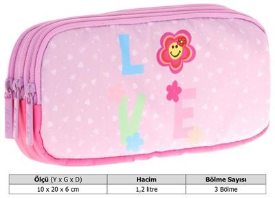 Kaukko Kids Üç Bölmeli Pembe Lila, Love Desenli, Kız Çocuk Okul Kalem Çantası - L8211