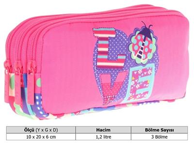 Kaukko Kids Üç Bölmeli Pembe Mavi, Love Baskılı, Kız Çocuk Okul Kalemliği - L8229