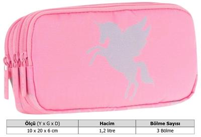 Kaukko Kids Üç Bölmeli Pembe, Unicorn, Kız Çocuk Okul Kalem Çantası - L8218