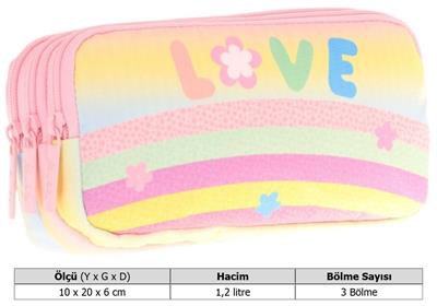 Kaukko Kids Üç Bölmeli Sarı Çok Renkli, Simli Pullu Love, Kız Çocuk Okul Kalem Çantası - L8214