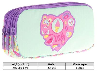 Kaukko Kids Üç Bölmeli Turkuaz Mor, Şekerleme Baskılı, Kız Çocuk Okul Kalemliği - L8230