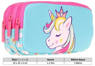 Kaukko Kids Üç Bölmeli Turkuaz Pembe, Unicorn Temalı, Kız Çocuk Okul Kalem Çantası - L8155