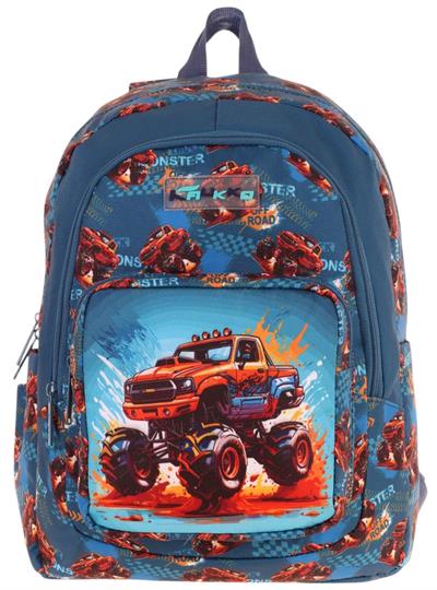 Kaukko Kids Üç Bölmeli (Yeşil Kırmızı - Arazi Aracı Baskılı) Erkek Çocuk Okul ve Günlük Sırt Çantası - L5282