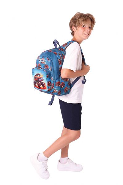 Kaukko Kids Üç Bölmeli (Yeşil Kırmızı - Arazi Aracı Baskılı) Erkek Çocuk Okul ve Günlük Sırt Çantası - L5282