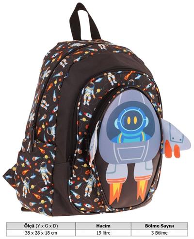 Kaukko Kids Üç Gözlü (Erkek Çocuk) Okul Sırt Çantası (3D Roket Detaylı) - L5264
