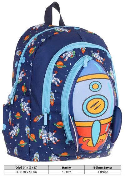 Kaukko Kids Üç Gözlü (Erkek Çocuk) Okul Sırt Çantası (Roket Detaylı) - L5260