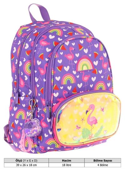 Kaukko Kids Üç Gözlü (Kız Çocuk) Okul Sırt Çantası (Flamingo Nakışlı ve Baskılı) - L5226