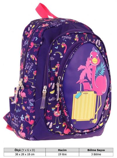 Kaukko Kids Üç Gözlü (Kız Çocuk) Okul Sırt Çantası (Flamingo Detaylı) - L5223