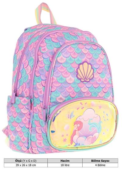 Kaukko Kids Üç Gözlü (Kız Çocuk) Okul Sırt Çantası (Denizkızı Nakışlı ve Baskılı) - L5225