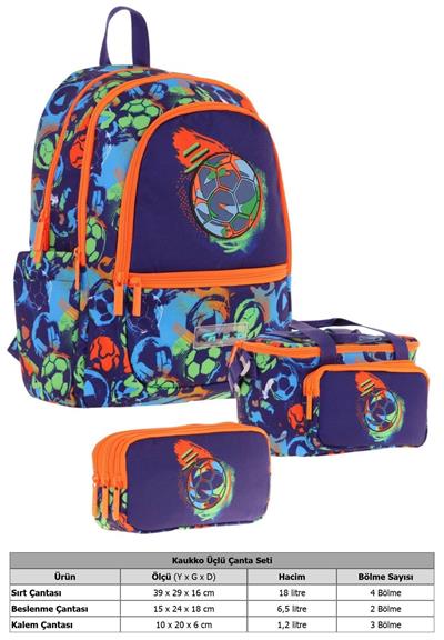 Kaukko Kids Üçlü Erkek Çocuk İlkokul Okul Çantası Seti (L5269+L7269+L8269) Lacivert Turuncu - Futbol Topu Baskılı