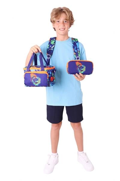Kaukko Kids Üçlü Erkek Çocuk İlkokul Okul Çantası Seti (L5269+L7269+L8269) Lacivert Turuncu - Futbol Topu Baskılı