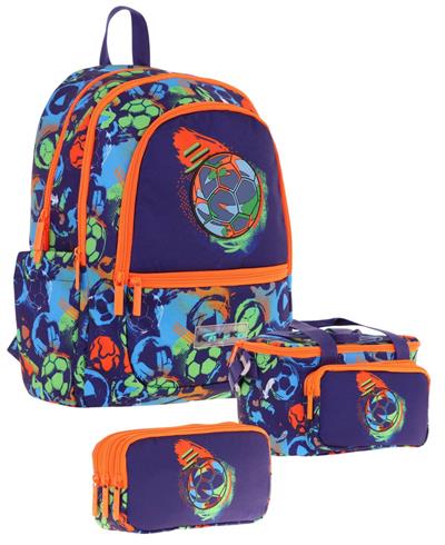 Kaukko Kids Üçlü Erkek Çocuk İlkokul Okul Çantası Seti (L5269+L7269+L8269) Lacivert Turuncu - Futbol Topu Baskılı