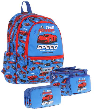 Kaukko Kids Üçlü Erkek Çocuk İlkokul Okul Çantası Seti (L5268+L7268+L8268) Mavi Kırmızı - Yarış Arabası Desenli