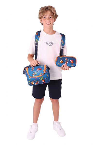 Kaukko Kids Üçlü İlkokul 1.2.3.4. Sınıf Okul Çanta Seti - Lacivert Turuncu - Erkek Çocuk - Silikon Aksesuarlı