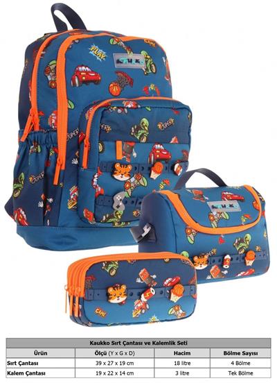 Kaukko Kids Üçlü İlkokul 1.2.3.4. Sınıf Okul Çanta Seti - Lacivert Turuncu - Erkek Çocuk - Silikon Aksesuarlı