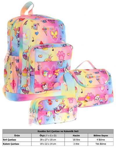 Kaukko Kids Üçlü İlkokul 1.2.3.4. Sınıf Okul Çanta Seti - Mavi Sarı - Kız Çocuk - Silikon Aksesuarlı