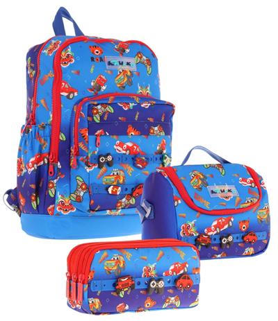 Kaukko Kids Üçlü İlkokul 1.2.3.4. Sınıf Okul Çanta Seti - Mavi Kırmızı - Erkek Çocuk - Silikon Aksesuarlı