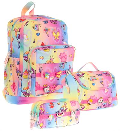 Kaukko Kids Üçlü İlkokul 1.2.3.4. Sınıf Okul Çanta Seti - Mavi Sarı - Kız Çocuk - Silikon Aksesuarlı