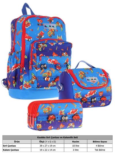 Kaukko Kids Üçlü İlkokul 1.2.3.4. Sınıf Okul Çanta Seti - Mavi Kırmızı - Erkek Çocuk - Silikon Aksesuarlı