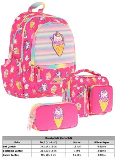 Kaukko Kids Üçlü Kız Çocuk İlkokul Okul Çantası Seti (L5227+L7227+L8227) Pembe - Kauçuk Dondurma