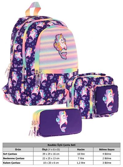 Kaukko Kids Üçlü Kız Çocuk İlkokul Okul Çantası Seti (L5228+L7228+L8228) Mor - Kauçuk Unicorn