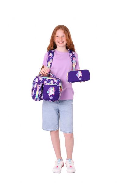 Kaukko Kids Üçlü Kız Çocuk İlkokul Okul Çantası Seti (L5228+L7228+L8228) Mor - Kauçuk Unicorn