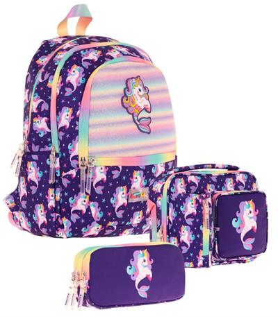 Kaukko Kids Üçlü Kız Çocuk İlkokul Okul Çantası Seti (L5228+L7228+L8228) Mor - Kauçuk Unicorn