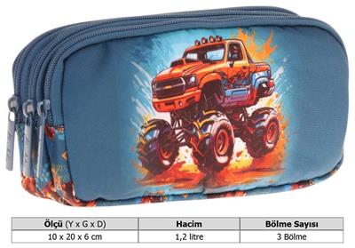 Kaukko Kids Yeşil Kırmızı, Arazi Aracı, Erkek Çocuk Üç Bölmeli Kalemlik/Kalem Çantası - L8282