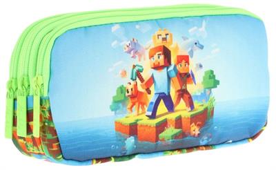 Kaukko Kids Yeşil Mavi, Craft Temalı, Erkek Çocuk Üç Bölmeli Kalemlik/Kalem Çantası - L8280