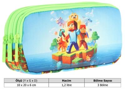 Kaukko Kids Yeşil Mavi, Craft Temalı, Erkek Çocuk Üç Bölmeli Kalemlik/Kalem Çantası - L8280
