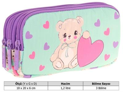 Kaukko Kids Yeşil Mor, Sevimli Ayıcık, Kız Çocuk Üç Gözlü Okul Kalem Çantası - L8239