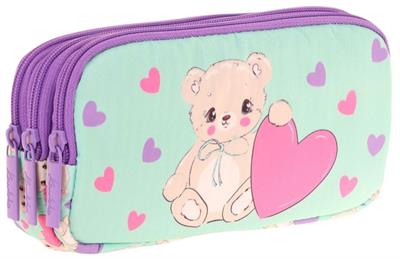 Kaukko Kids Yeşil Mor, Sevimli Ayıcık, Kız Çocuk Üç Gözlü Okul Kalem Çantası - L8239