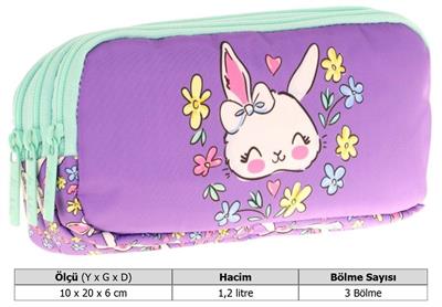 Kaukko Kids Yeşil Mor, Sevimli Tavşan, Kız Çocuk Üç Gözlü Okul Kalem Çantası - L8242