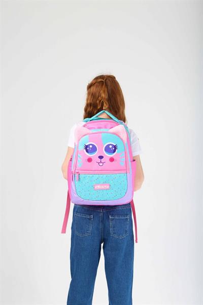 Kaukko Kids Yeşil Pembe Sevimli Kedi Kız Çocuk Okul Sırt Çantası