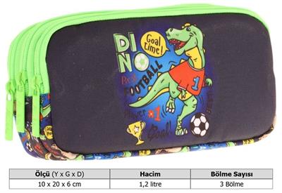 Kaukko Kids Yeşil Siyah, Dinazor Baskılı, Erkek Çocuk Üç Bölmeli Okul Kalem Çantası - L8266