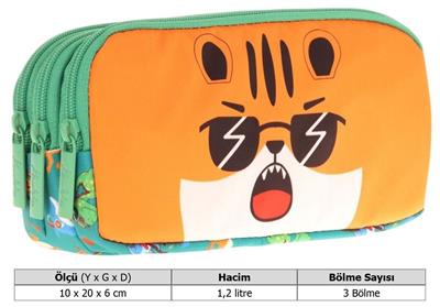 Kaukko Kids Yeşil Turuncu, Aslan, Erkek Çocuk Üç Bölmeli Okul Kalem Çantası - L8254