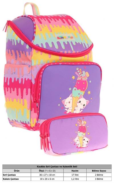 Kaukko Kırmızı Mor, Dondurma Temalı, Kız Çocuk Okul Çantası ve Kalem Çantası Seti - L5247+L8247