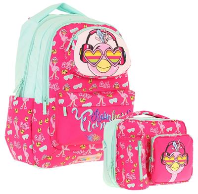 Kaukko Kız Çocuk 3D Flamingo Şekilli Kırmızı Yeşil Okul Sırt Çantası ve Isı Yalıtımlı Beslenme Çantası Seti