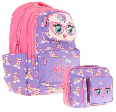 Kaukko Kız Çocuk 3D Kedi Şekilli Mor Pembe Okul Sırt Çantası ve Isı Yalıtımlı Beslenme Çantası Seti