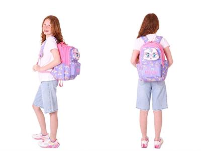 Kaukko Kız Çocuk 3D Kedi Şekilli Mor Pembe Okul Sırt Çantası ve Isı Yalıtımlı Beslenme Çantası Seti