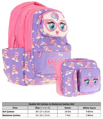 Kaukko Kız Çocuk 3D Kedi Şekilli Mor Pembe Okul Sırt Çantası ve Isı Yalıtımlı Beslenme Çantası Seti