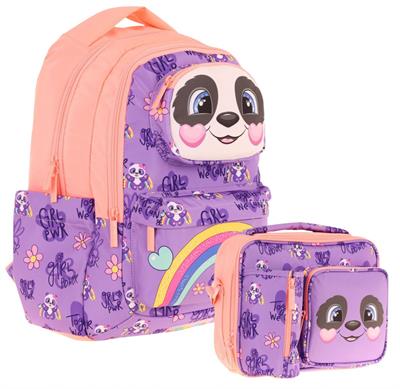 Kaukko Kız Çocuk 3D Panda Şekilli Mor Somon Okul Sırt Çantası ve Isı Yalıtımlı Beslenme Çantası Seti