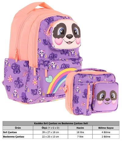 Kaukko Kız Çocuk 3D Panda Şekilli Mor Somon Okul Sırt Çantası ve Isı Yalıtımlı Beslenme Çantası Seti