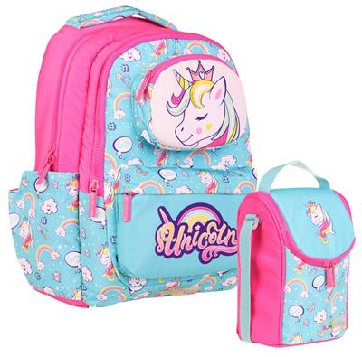 Kaukko Kız Çocuk 3D Unicorn Şekilli Turkuaz Pembe Okul Sırt Çantası ve Isı Yalıtımlı Beslenme Çantası Seti